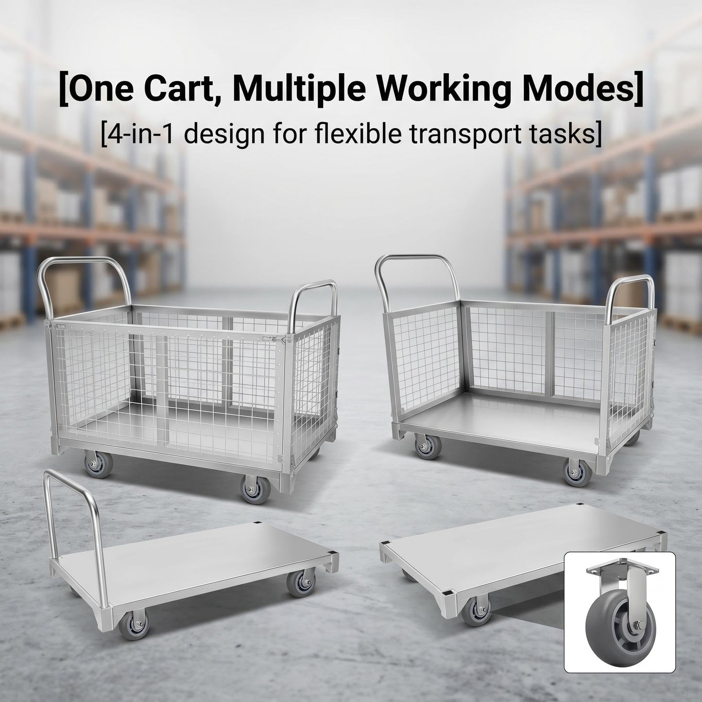Platform cart, with cage, 4-in-1 Multi-Purpose Rolling Heavy-Duty cart, Rollable Folding cart, Load Capacity 2200 pounds, pushcart with 4 Wheels, Used in Grocery Stores,garages, Warehouses (Silver)