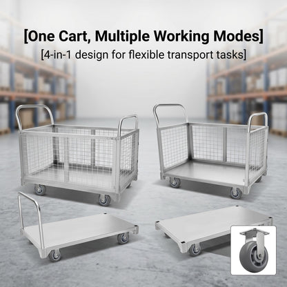 Platform cart, with cage, 4-in-1 Multi-Purpose Rolling Heavy-Duty cart, Rollable Folding cart, Load Capacity 2200 pounds, pushcart with 4 Wheels, Used in Grocery Stores,garages, Warehouses (Silver)