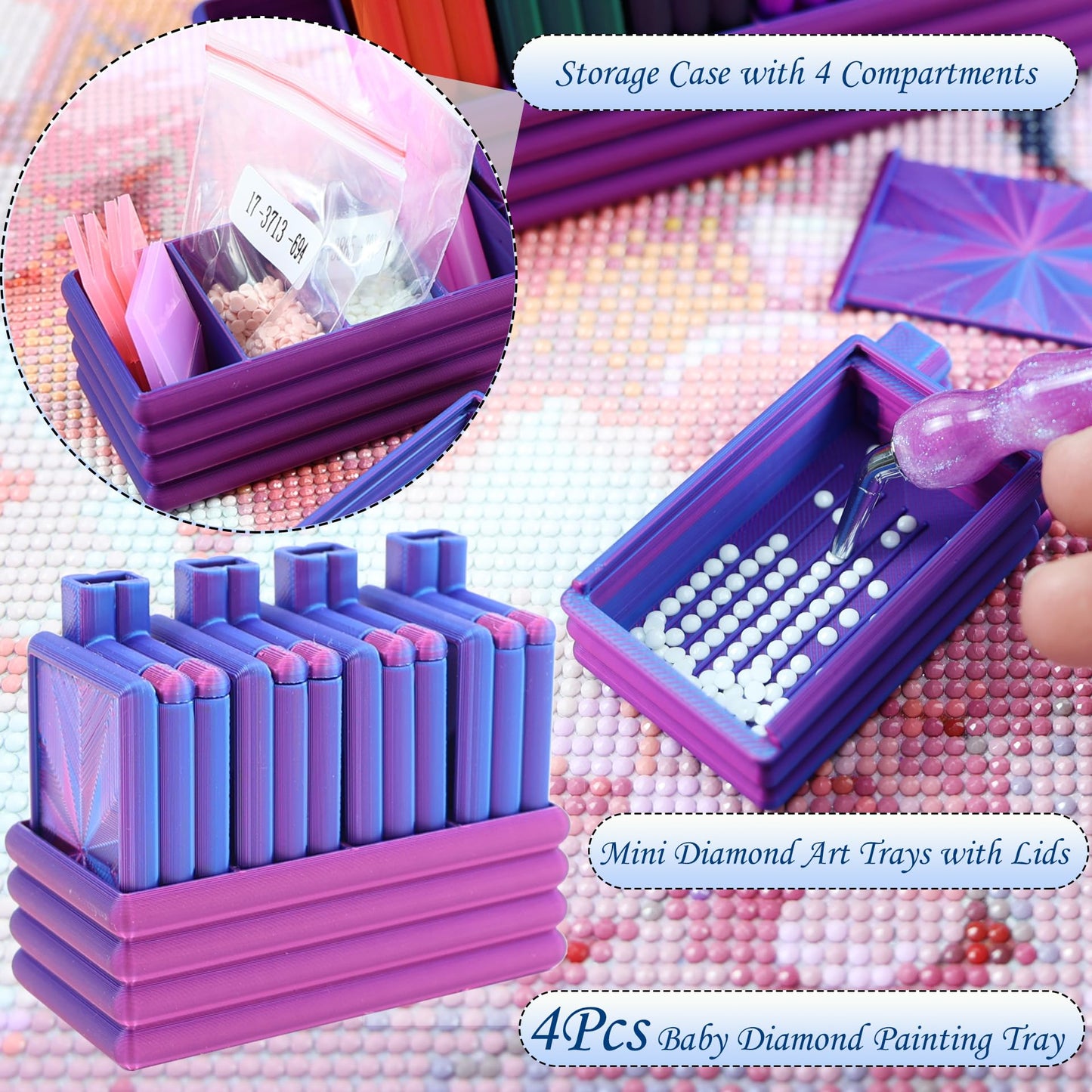 Diamond Painting Trays with Lid, 4Pcs Diamond Art Tray with 4 Compartments Diamond Painting Storage Organizers Case, Tweezers, Brushes, 16pcs Ziplock Pouches Bags for Diamond Art Kit (Blue Purple)