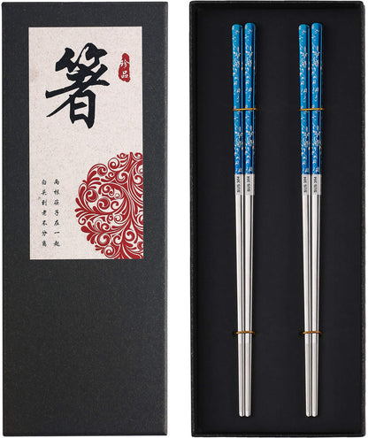 Titanium Plated Chopstick Stainless Steel Chopsticks Metal Chopsticks Reusable Dishwasher safe Premium Laser Engraved Chop Sticks for Eating 2 Pairs Gift Set Blue Silver