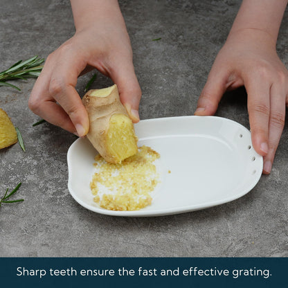 KITCHENDAO 3 in 1 Porcelain Ginger Grater Tool Spoon Rest Herb Stripper, 6.5 x 4.3 inches for Kitchen, Japanese Ceramic Garlic Grinding Wasabi Grater Plate Dish for Daikon Radish & Parmesan Cheese