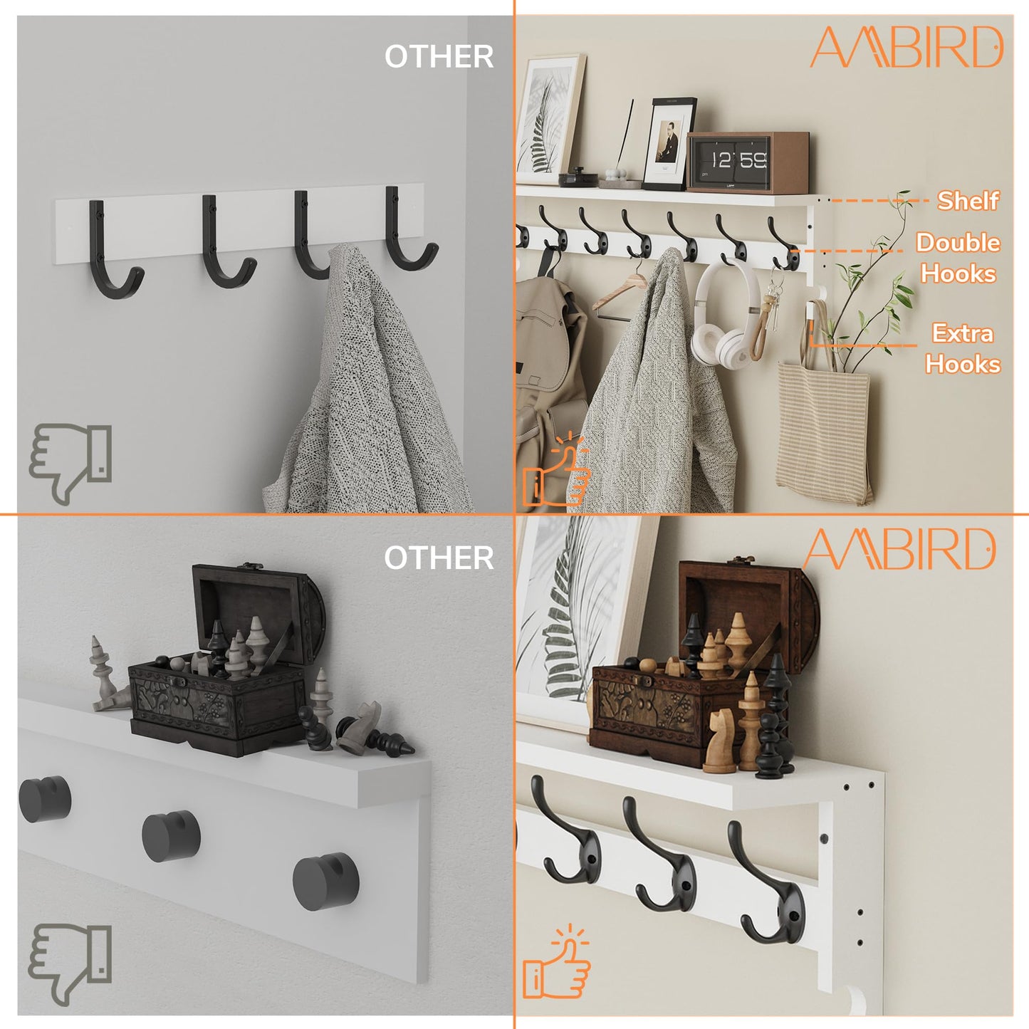AMBIRD Coat Rack Wall Mount, 35 Inch Large Coat Hooks Wall Mounted with 7 Dual Metal Hooks and 2 Side Hooks, Wall Hooks with Shelf in Entryway, Kitchen, Living Room, Bathroom, Bedroom (White)