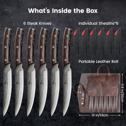 SYOKAMI Steak Knives Set of 6 with Portable Leather Roll & Individual Sheaths, 4.8 Inch Non Serrated Dinner Knives, High Carbon Stainless Steel, Full Tang Wood Handle, Gift Box for BBQ Outdoor Dining