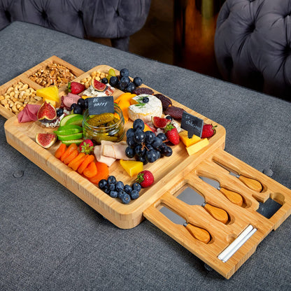 RoyalHouse Unique Bamboo Cheese Board & Knife Set with 2 Slide-Out Cutlery Drawers - Charcuterie Boards Set - Gifts for Women Birthday, Wedding Couples 2025, Bridal Shower