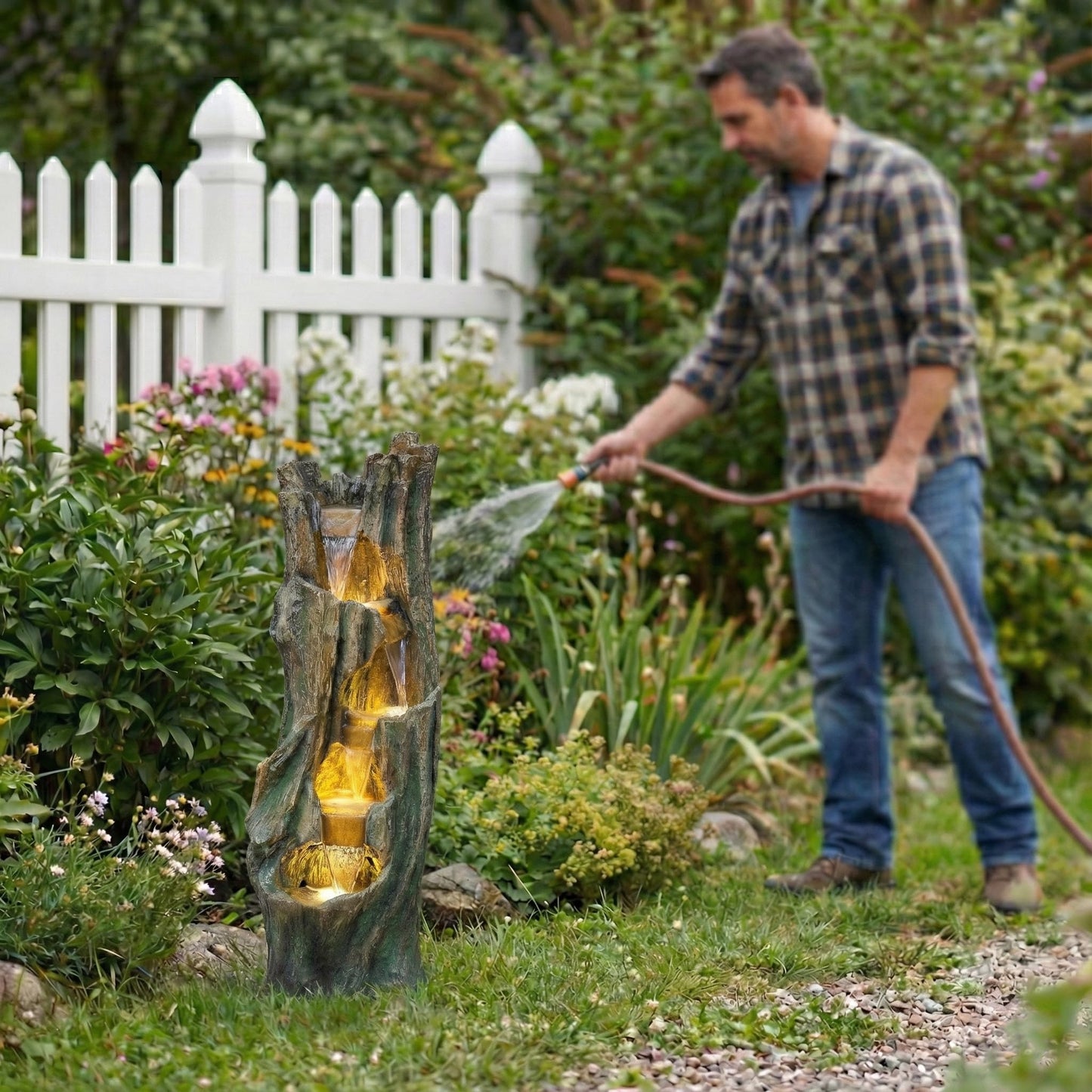 mdj pottery 39.4 Inch Tall Cascading Water Fountain Outdoor, 5-Tiered Resin Outdoor Fountain with Warm White LED Lights, Rustic Weather-Resistant Tree Trunk Waterfall for Patio Yard Garden - Grey