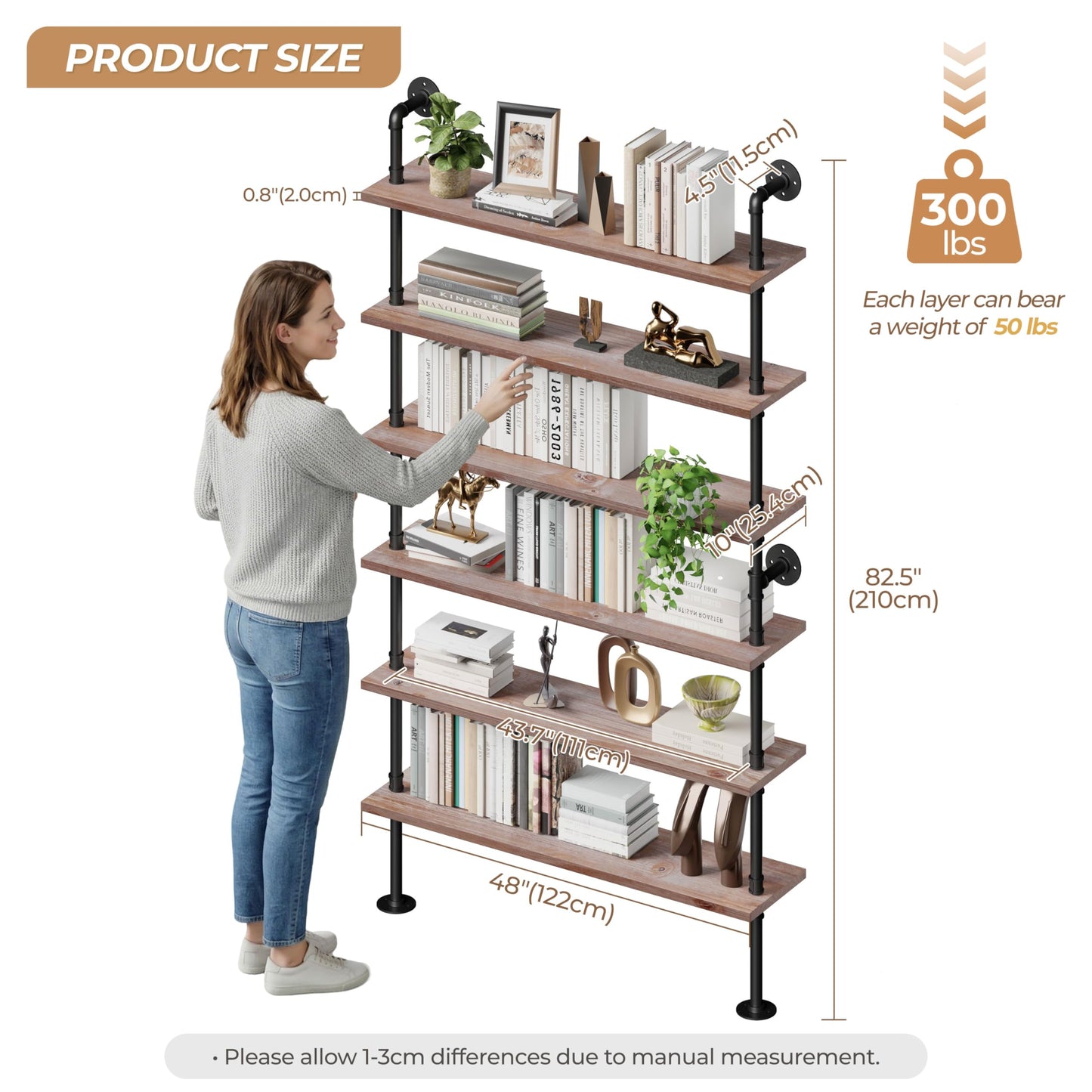 Anynice Industrial Ladder Pipe Shelf, Wall Mounted Wood Metal Bookshelf for Living Room Storage (Weathered Brown, 6 Tier - 10" D x 48" W x 82.5" H)