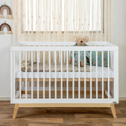 dadada Baby Soho 3-in-1 Convertible Wooden Crib to Toddler Bed - Made in Italy, GREENGUARD Gold Certified, Baby-Safe Finish, Handcrafted Beechwood, Modern Design, 3 Adjustable Heights (White/Natural)