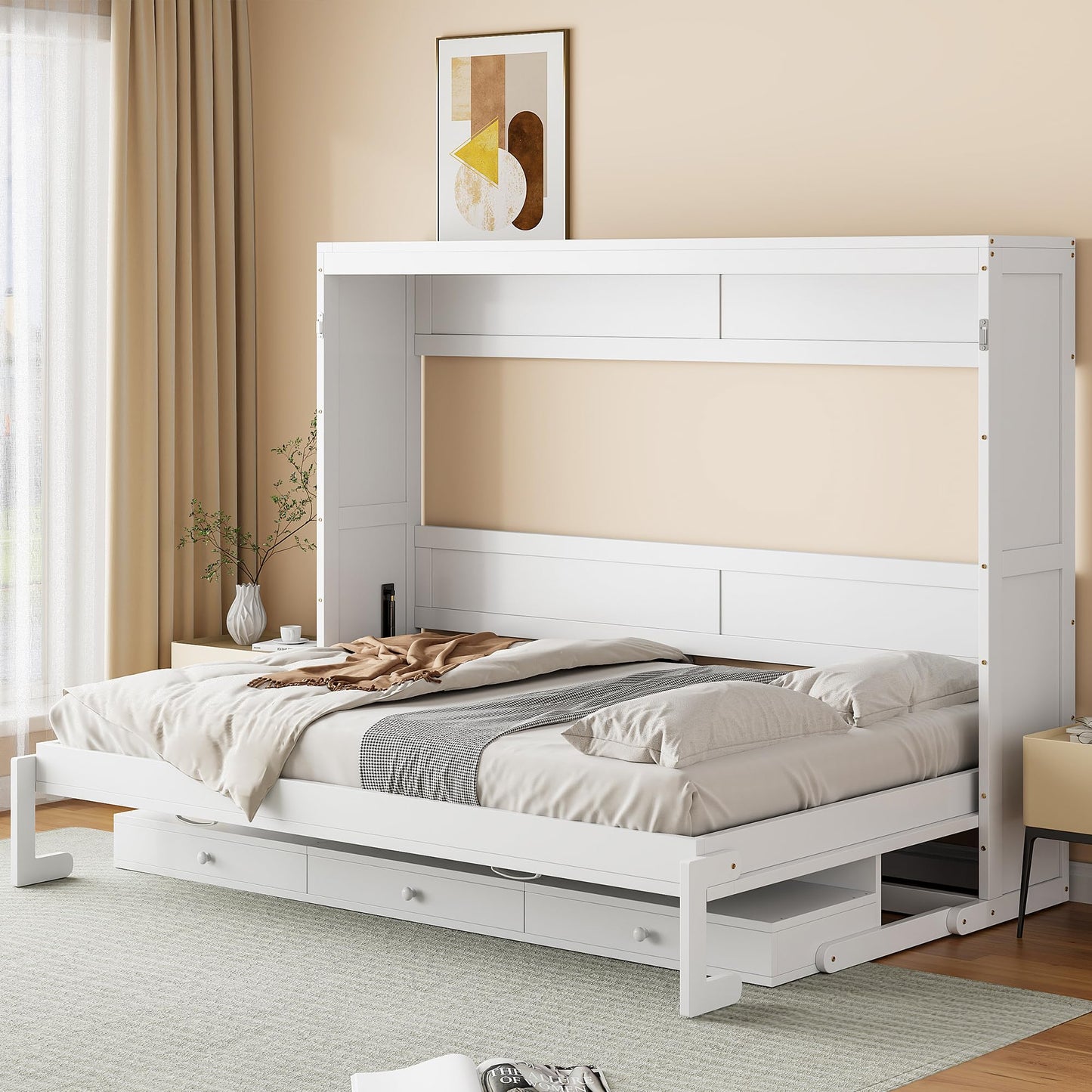 Merax Queen Size Murphy Bed with Vanity Desk, Foldable Murphy Cabinet Bed with Center Mirror and 2 Side Storage Drawers, Wood Space-Saving Hidden Wall Bed Cabinet for Guest Room Office, White