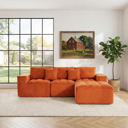 KEIKI 101" L-Shaped Modular Sofa, 3-Seater Compression Cloud Couch with Movable Ottoman, Corduroy Fabric Deep Seat Sectional, No Assembly Convertible Sofa for Apartment Small Living Room