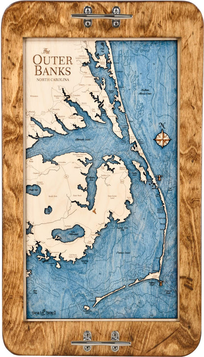 Outer Banks 3D Wood Map Nautical Decor Serving Tray & Wall Art, OBX Coastal Home Decor, Nautical Ottoman Tray, Handcrafted in The USA, 13 x 24.5-in (Distressed Coffee/Deep Blue)