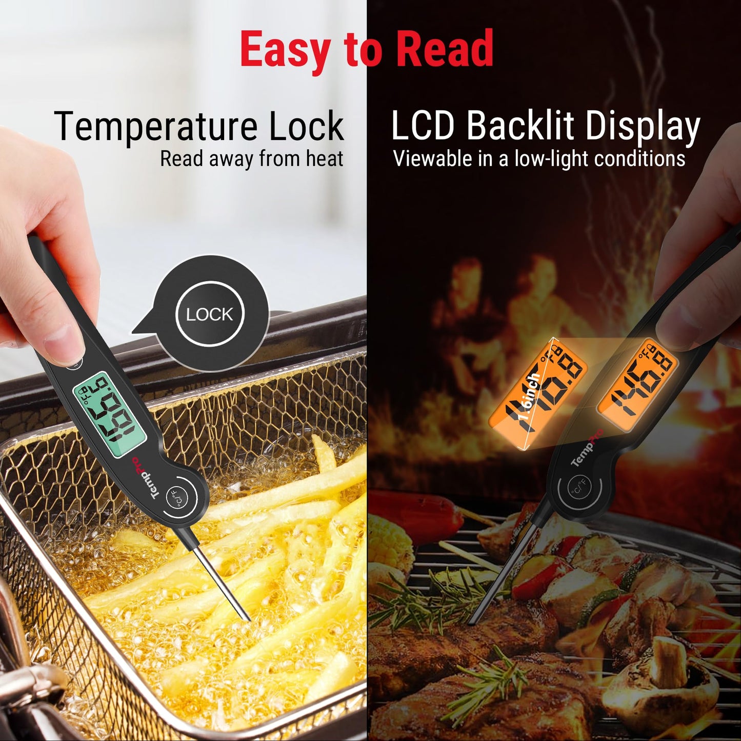 ThermoPro TP605 Instant Read Meat Thermometer for Cooking, Waterproof Digital Food Thermometer with Large Backlit LCD, 180° Foldaway Probe Kitchen Thermometer for Grilling, Smoking & Candy Making