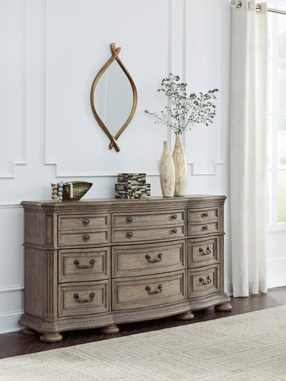 Signature Design by Ashley Ardenfield Traditional Nine-Drawer Dresser with Dovetail Construction, Top Drawers Felt Lined, Metal Hardware, Wood, Light Brown