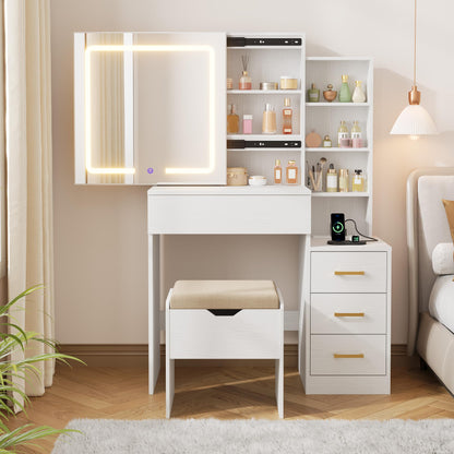 IDEALHOUSE Vanity Desk with Mirror and Lights, Vanity Table and Chair Set with 4 Drawers and Charging Station, Dresser LED Sliding Mirror with 3 Color Modes Adjustable Storage Shelves, White