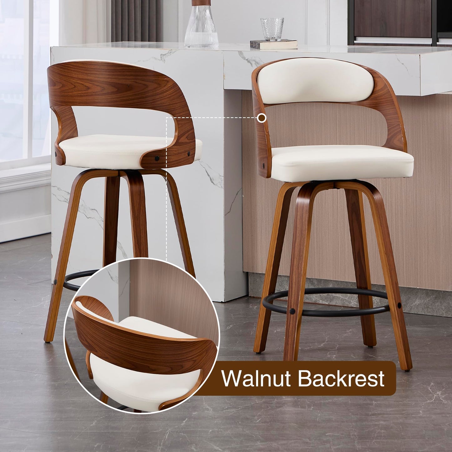 VipDesk Swivel Bar Stools Set of 2, Walnut Counter Height Bar Stools with Back and Arms, 26" Modern Faux Leather Upholstered Bar Chairs with Bentwood Frame for Kitchen Island Bar - White