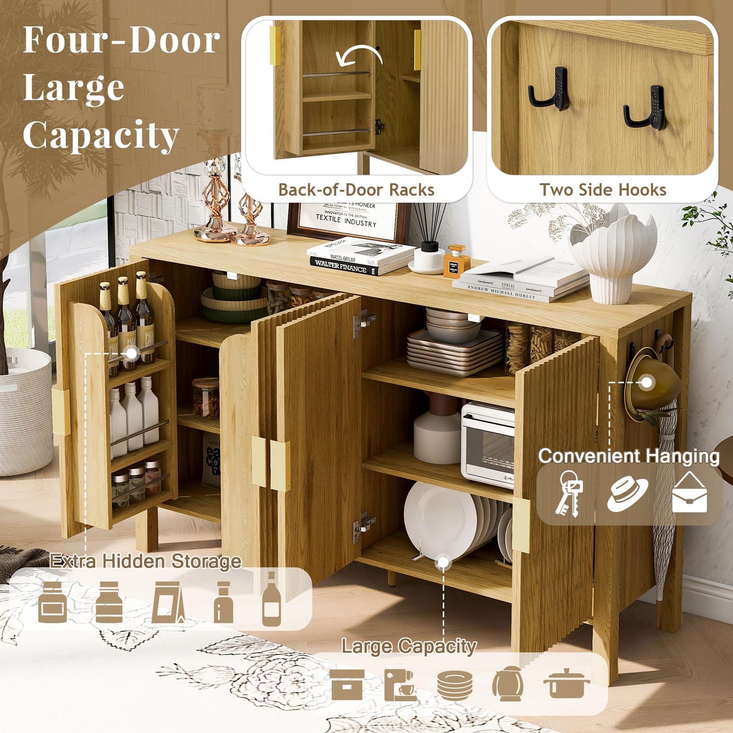 GDFStudio 58" Modern Buffet Cabinet with 4 Stripe Doors, Sideboard Storage Cabinet with Back Door Storage Racks, Shelves, Side Hooks, Coffee Bar Cabinet Credenza for Dining Room Living Room, Natural