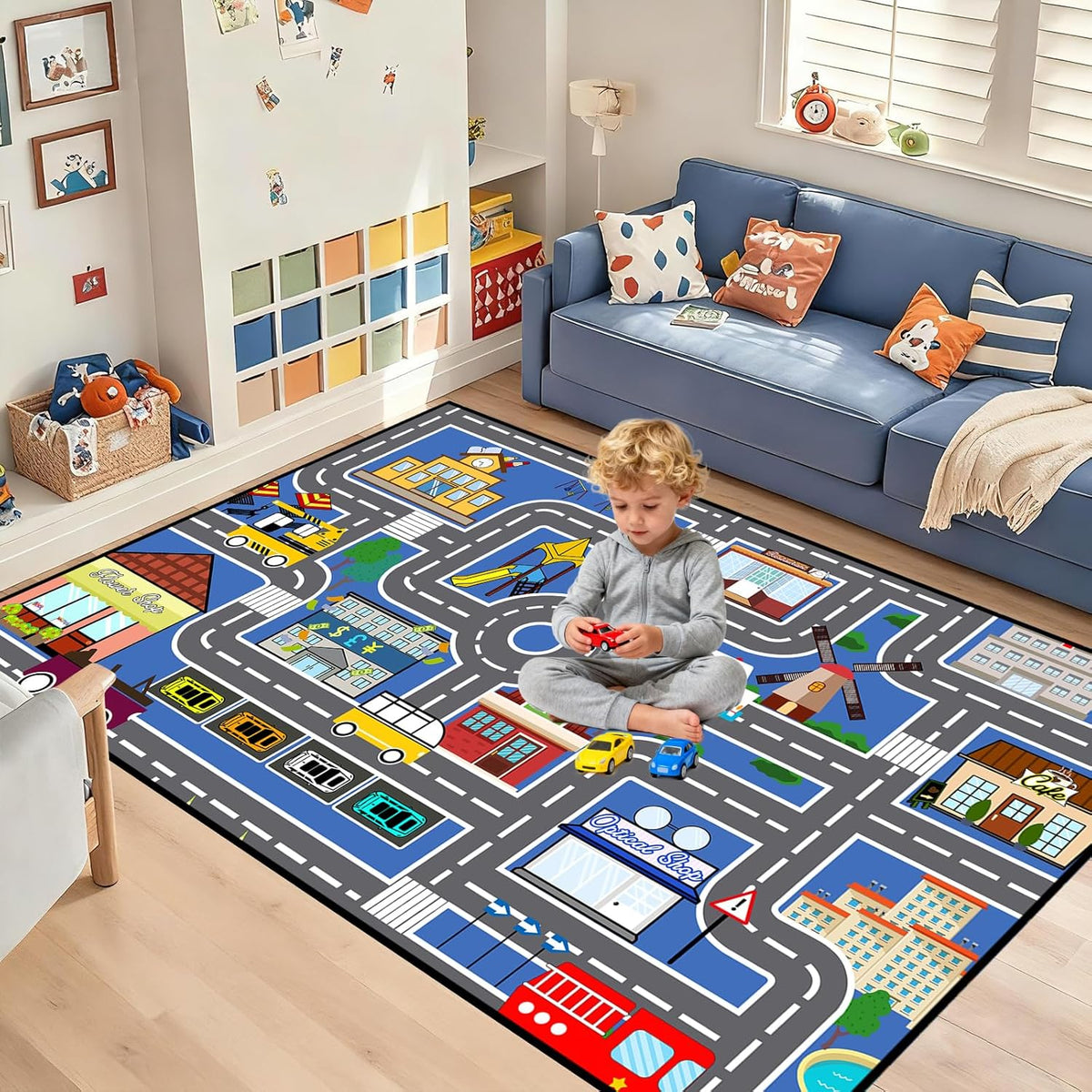 2'5''4' Car Track Rug Blue Road Rug for Kids, Car Traffic Road Play Mat for Kids Room Bedroom Decor City Carpet