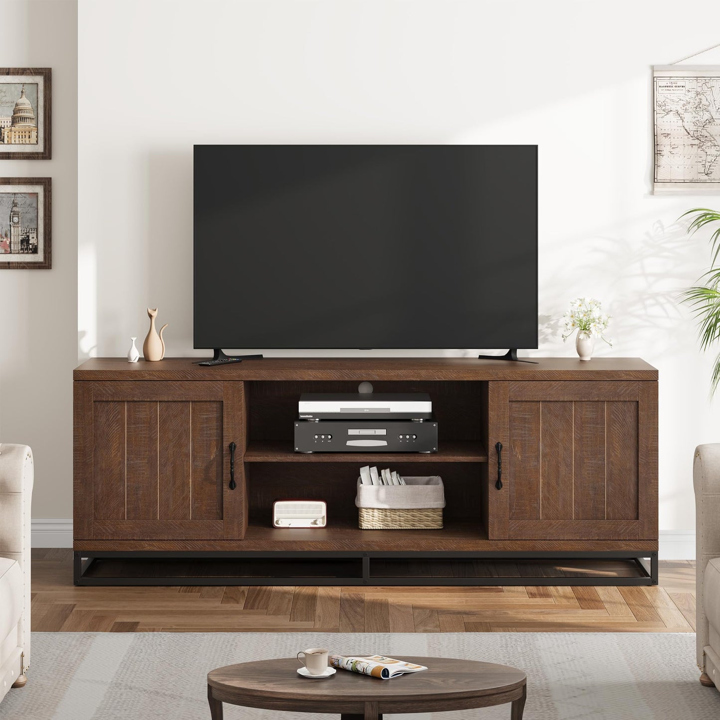 Garvee Farmhouse TV Stand for Living Room, Entertainment Center with 2-Tier Adjustable Shelves & Metal Leg, Wooden TV & Media Console Table for 75 Inch with Storage Compartments, Walnut