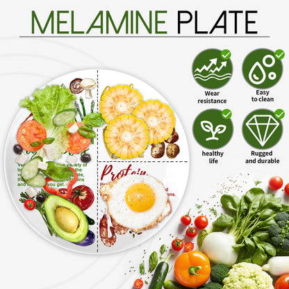 VIYNRAN Portion Control Plate - 10 Inch Melamine Dinner Plate for Balanced Meals, Divided Sections for Vegetables, Carbs, and Protein with Colorful Food Illustrations - 4 Pack