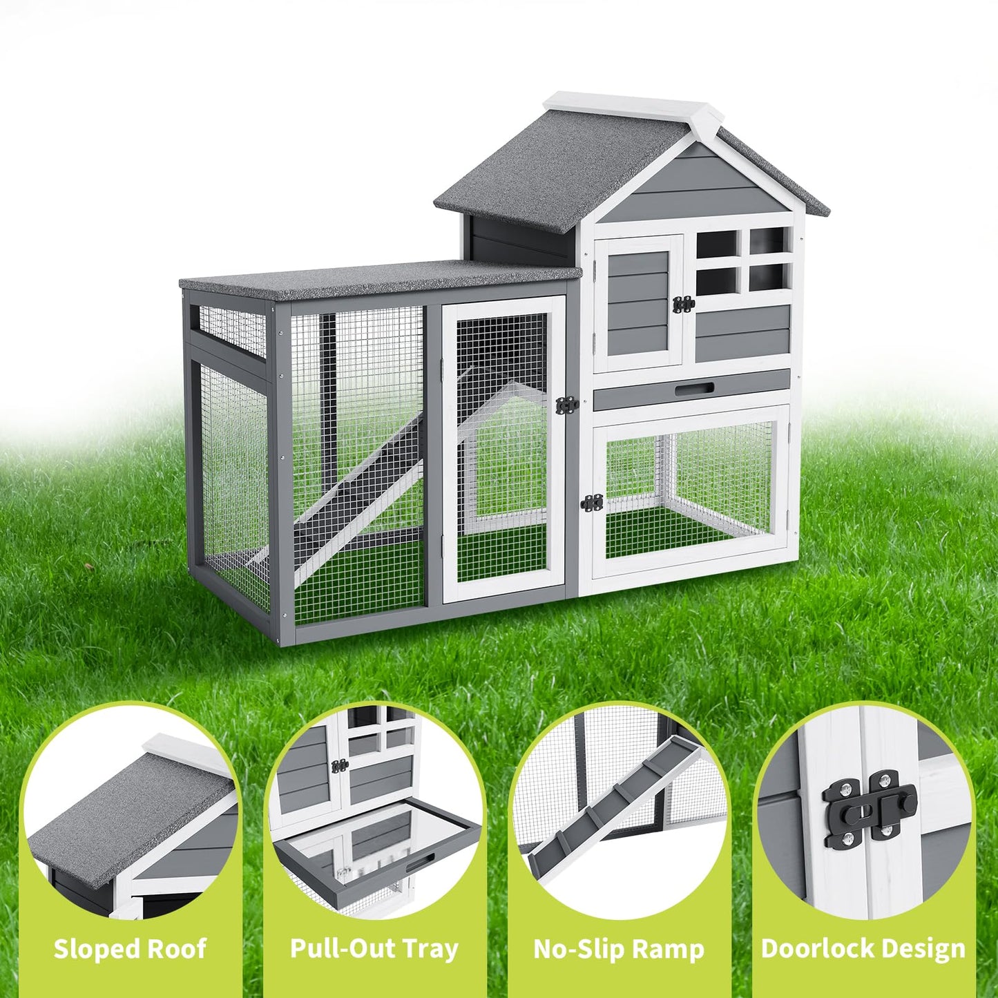 GarveeTech 2-Story Rabbit Hutch Outdoor, 45" Bunny Hutch, Small Chicken Coop Wooden with Pull-Out Tray & Ramp, Bunny Cage with Waterproof Roof, Poultry Cage for Bunnies, Chickens, Ducks, Guinea Pigs