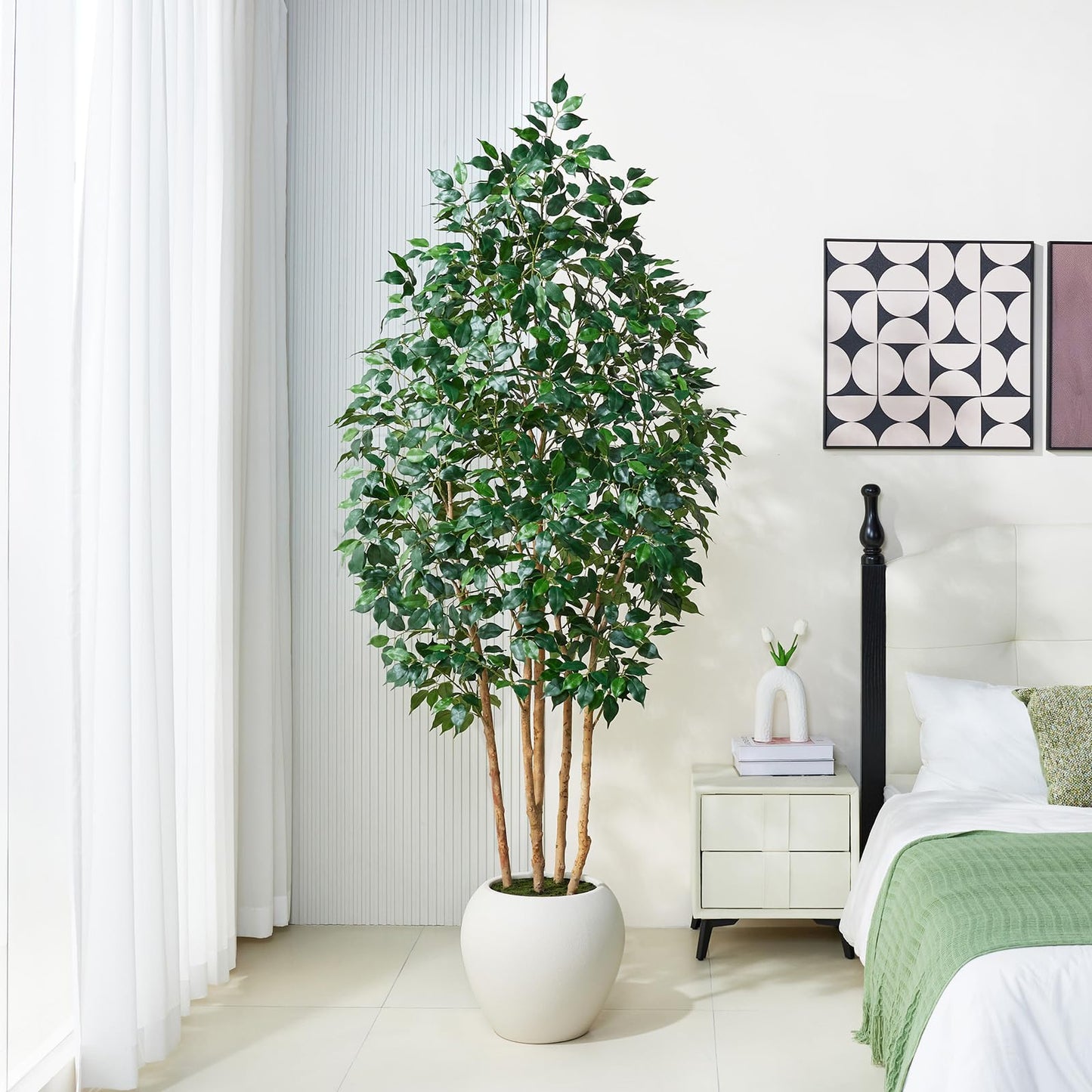 VeriNatural 7FT Artificial Ficus Tree with White Planter - Realistic Faux Ficus Tree with 1500+ Silk Leaves, 4 Real Wood Trunks,Tall Fake Plant for Indoor Living Room, Office, Home Decor (84")