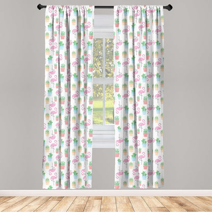 Ambesonne Cactus Window Curtains, Flamingos and Sleeping Plants Cartoon Pattern, 2-Panel Set (28" x 63")