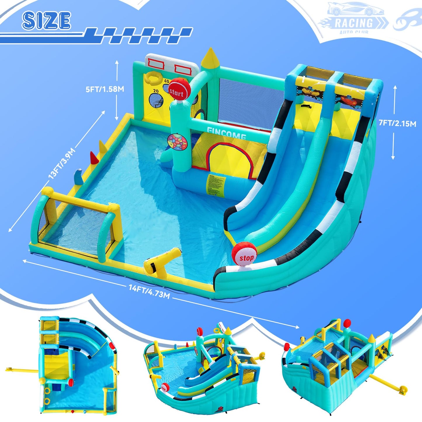 FINCOME Bounce House Double Slides for Kids 3-10, Large Bounce Castle with Air Blower 550W, Pool, Jumping, Climbing, Balls, Ring Toss, Inflatable Water Park for Birthday Party Holiday Outdoor Indoor