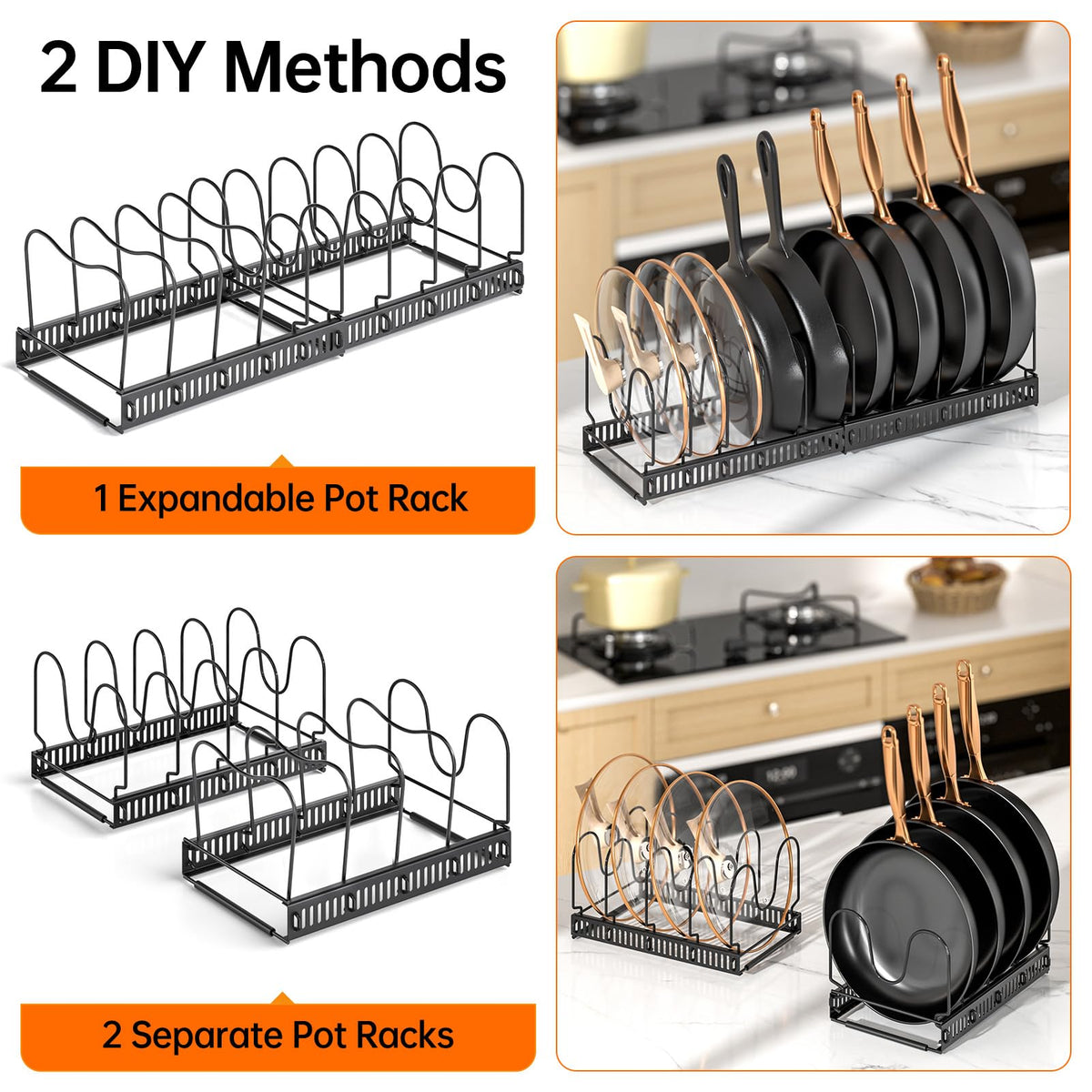 MUDEELA Pots and Pans Organizer Rack for under Cabinet, Expandable 11.81''-22.85'' Pot Lid Kitchen Cabinet Organizer Holder with 10 Adjustable Compartment Cutting Board Organizer for Pan Lid, Bakeware