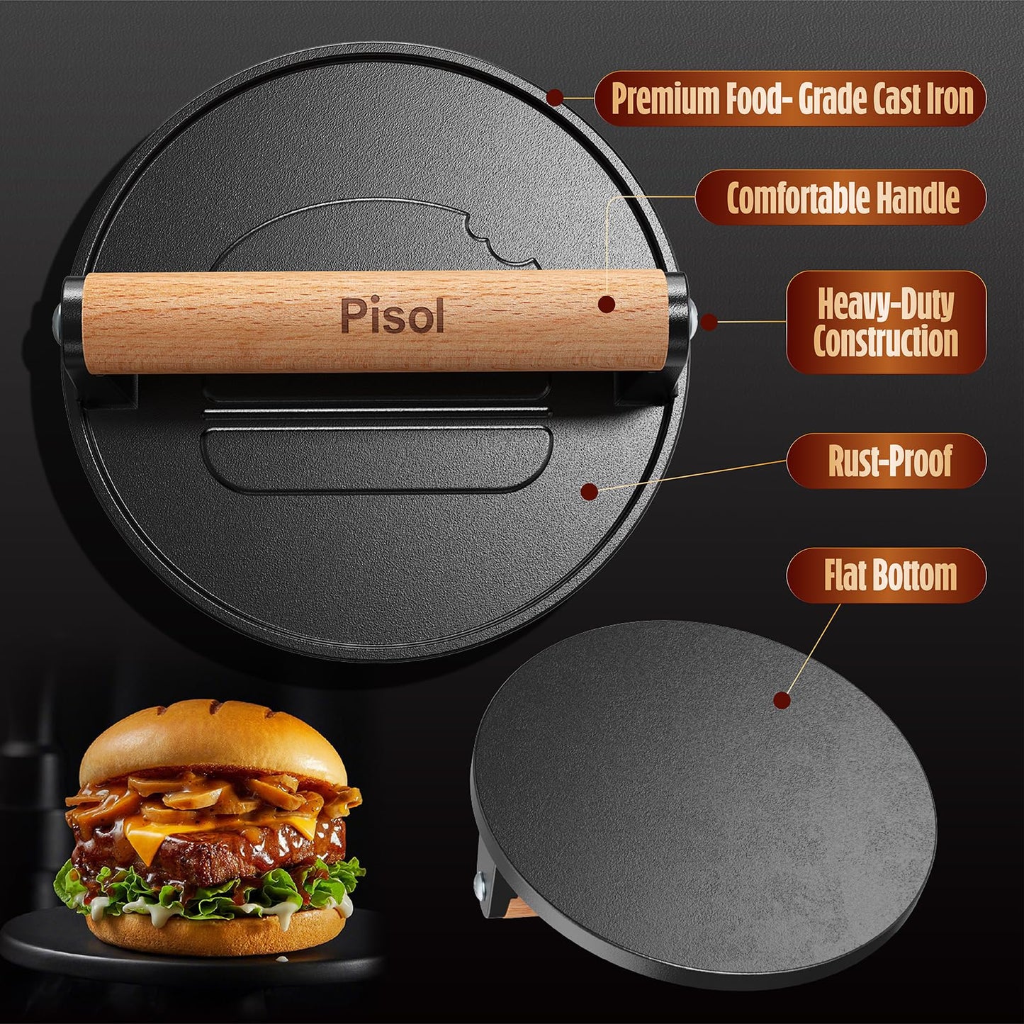 Pisol Smash Burger Press, Pre-Seasoned Cast Iron Hamburger Smasher, 2 lb Heavy-Duty Grill Bacon Meat Press Tool with Wood Handle, 6.6”