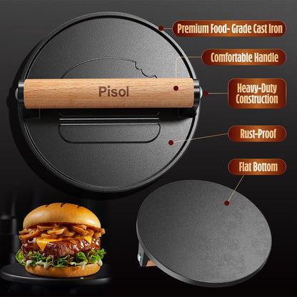Pisol Smash Burger Press, Pre-Seasoned Cast Iron Hamburger Smasher, 2 lb Heavy-Duty Grill Bacon Meat Press Tool with Wood Handle, 6.6”