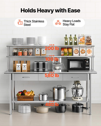 VEVOR Stainless Steel Work Table, 24x72 Inch Food Prep Table with Overshelves and 3 Drawers, Commercial Kitchen Workstation with Adjustable Undershelf, Metal Utility Worktable, for Restaurant Garage