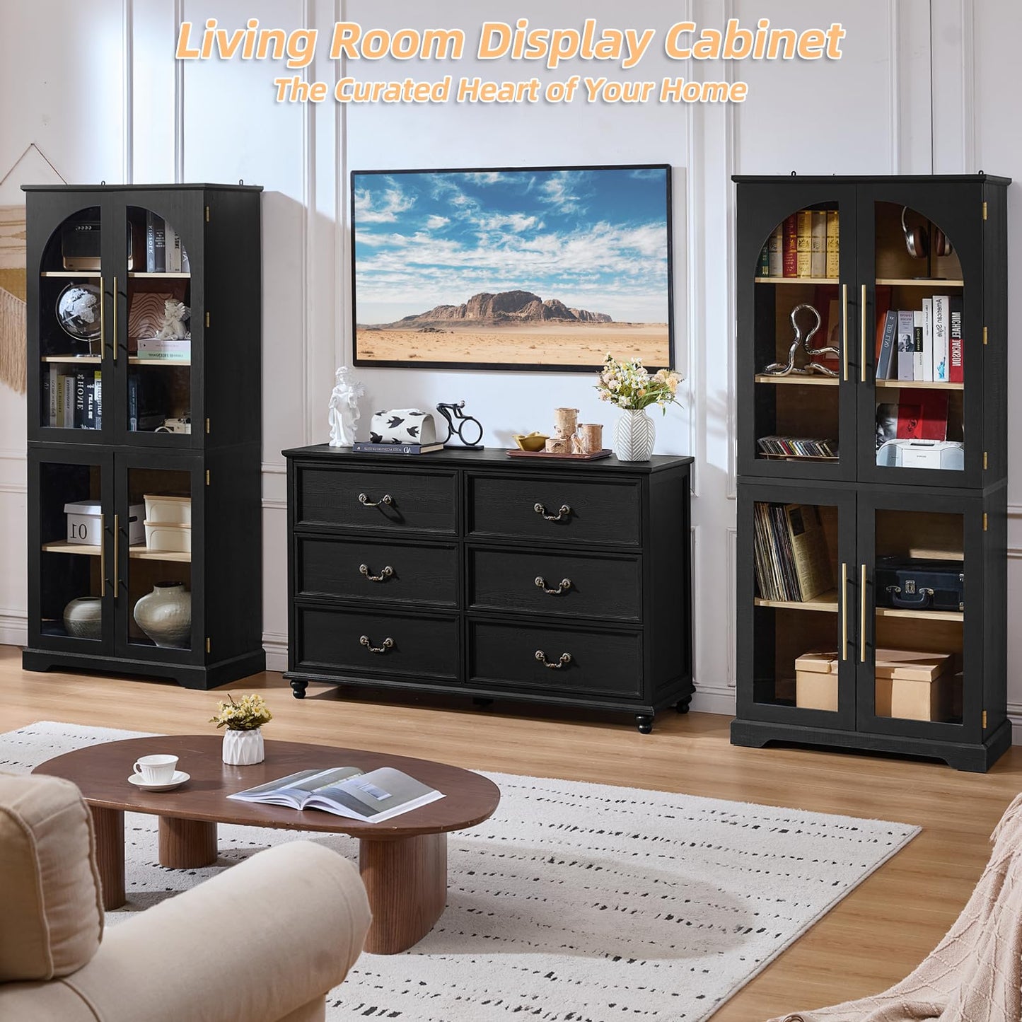 Joaxswe 72" Tall Bookshelf with 4 Curved Glass Doors, Farmhouse Bookcase with 3-Tier Adjustable Shelves, Modern Living Room Display Cabinet, Large Storage Cabinet for Home Office,Dining Room, Black