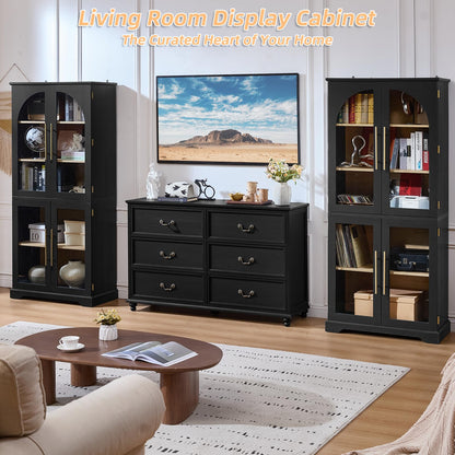 Joaxswe 72" Tall Bookshelf with 4 Curved Glass Doors, Farmhouse Bookcase with 3-Tier Adjustable Shelves, Modern Living Room Display Cabinet, Large Storage Cabinet for Home Office,Dining Room, Black