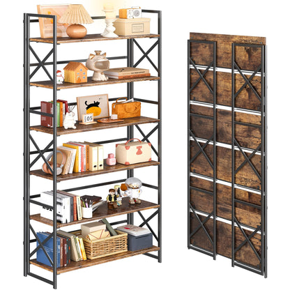 4NM Extra Wide 6 Tiers No Assembly Book Shelves, 61.8" H Folding Bookshelf Bookcase Open Industrial Foldable Shelves for Bedroom, Living Room, Home Office - Rustic Brown Black