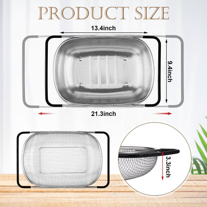 Tioncy 2 Pcs Large Over The Sink Colander, 6 Quart Stainless Steel Colander with Fine Mesh or Grid, Strainer Basket with Expandable Rubber Handles, Strain, Drain, Rinse Vegetable Fruit for Kitchen