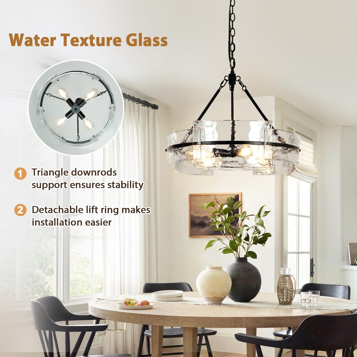 Water Textured Black Glass Drum Chandelier,Glass Chandeliers for Dining Room 20.8" Round Chandelier Dining Room Light Fixtures Over Table Modern Farmhouse Glass Pendant Light for Living Room Foyer