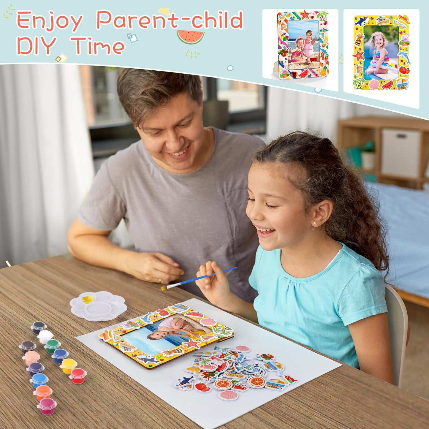 Fovths 24 Packs Summer Picture Frame Painting Craft Kit with 150 Stickers 2 Rhinestone Stickers Painting Tools Set 4 Brushes for DIY Kids Crafts Decorate