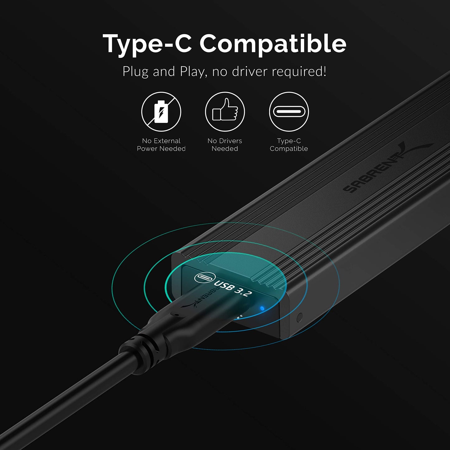SABRENT USB 3.2 Type-C Tool-Free Enclosure for M.2 PCIe NVMe and SATA SSDs (EC-SNVE)