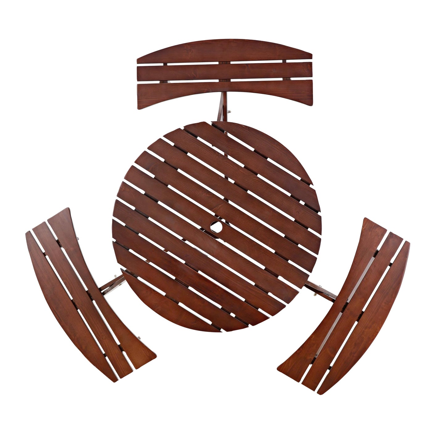 Royard Oaktree 6 Person Wooden Picnic Table, Outdoor Round Picnic Table with 3 Built-in Benches and Umbrella Hole, Outside Table and Bench Set for Backyard, Garden, Porch, Patio, Brown