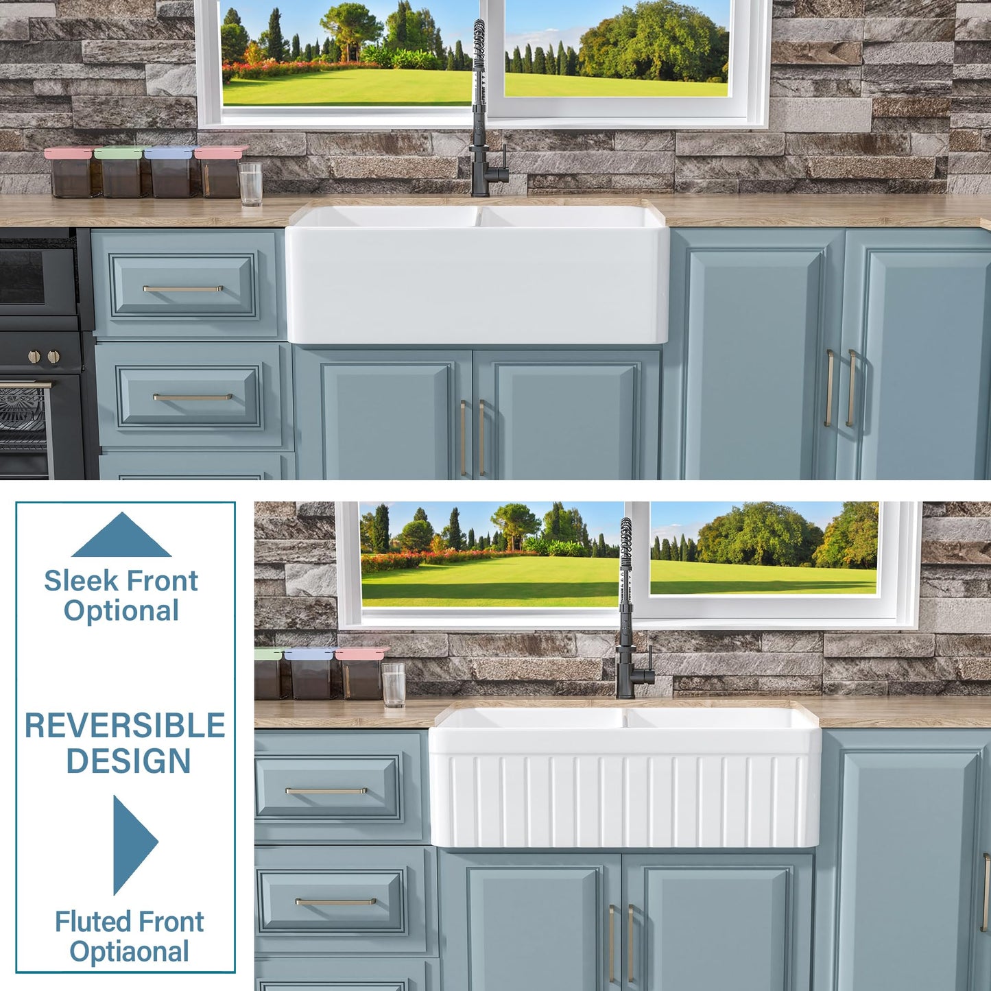 HOMLYLINK Double Bowl Farmhouse Sink White 33 x 18 Inch, Firecaly Apron Front Undermount Farm Sink Reversible(Sleek & Fluted Optional), Heavy-duty Dual Basin 50/50, for Kitchen