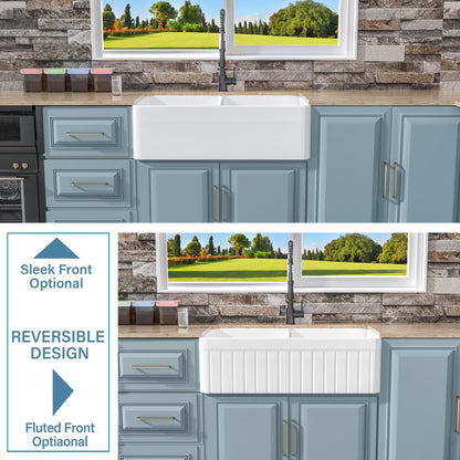 HOMLYLINK Double Bowl Farmhouse Sink White 33 x 18 Inch, Firecaly Apron Front Undermount Farm Sink Reversible(Sleek & Fluted Optional), Heavy-duty Dual Basin 50/50, for Kitchen