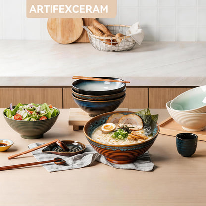 ArtifexCeram 8 Inch Ceramic Ramen Bowl Set of 2, 40oz Japanese Bowls with Spoons & Chopsticks,Durable,Microwave & Dishwasher Safe,Perfect for Ramen,Pho,Salad,Soup,Noodles，Mixing bowls（Verdigris Green）