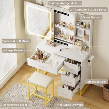 57'' Large Vanity Desk with Mirror & Lights, Makeup Vanity Table with Charging Station,