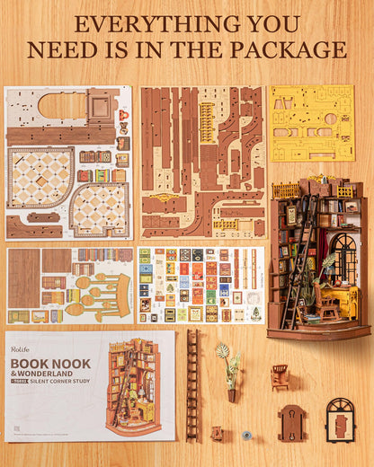 Rolife DIY Book Nook Kit Silent Corner Study, 3D Puzzles Creative British Bookend Bookshelf Decor for Adults, Tiny House Miniature Kits Model Building Kits, DIY Crafts/Gifts for Teens & Book Lovers