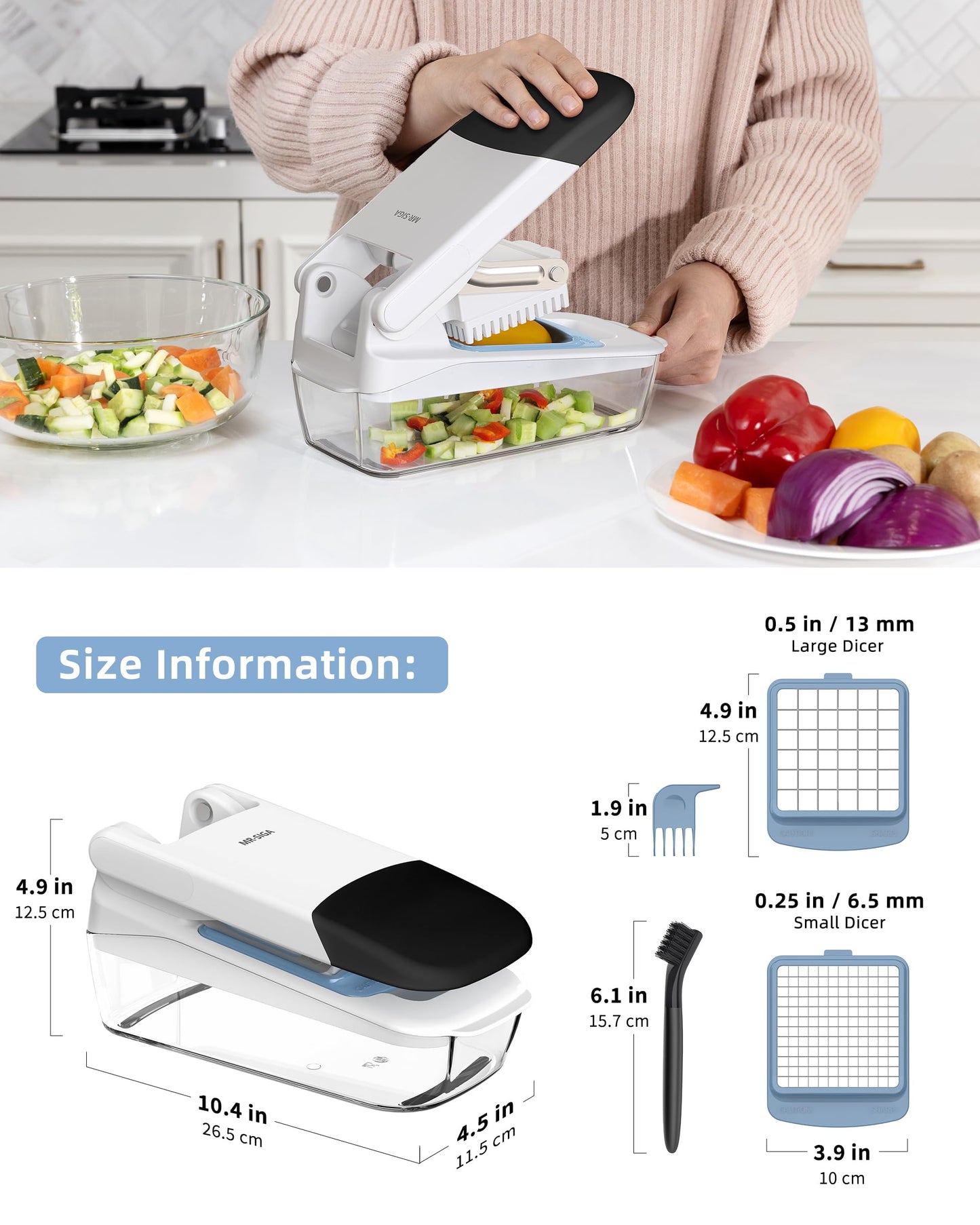 MR.SIGA Vegetable Chopper with Container, 2 in 1 Manual Hand Food Chopper with 2 Stainless Steel Chopping Blades for Potato Strips, Onion Cubers, Carrot Sticks, White & Black
