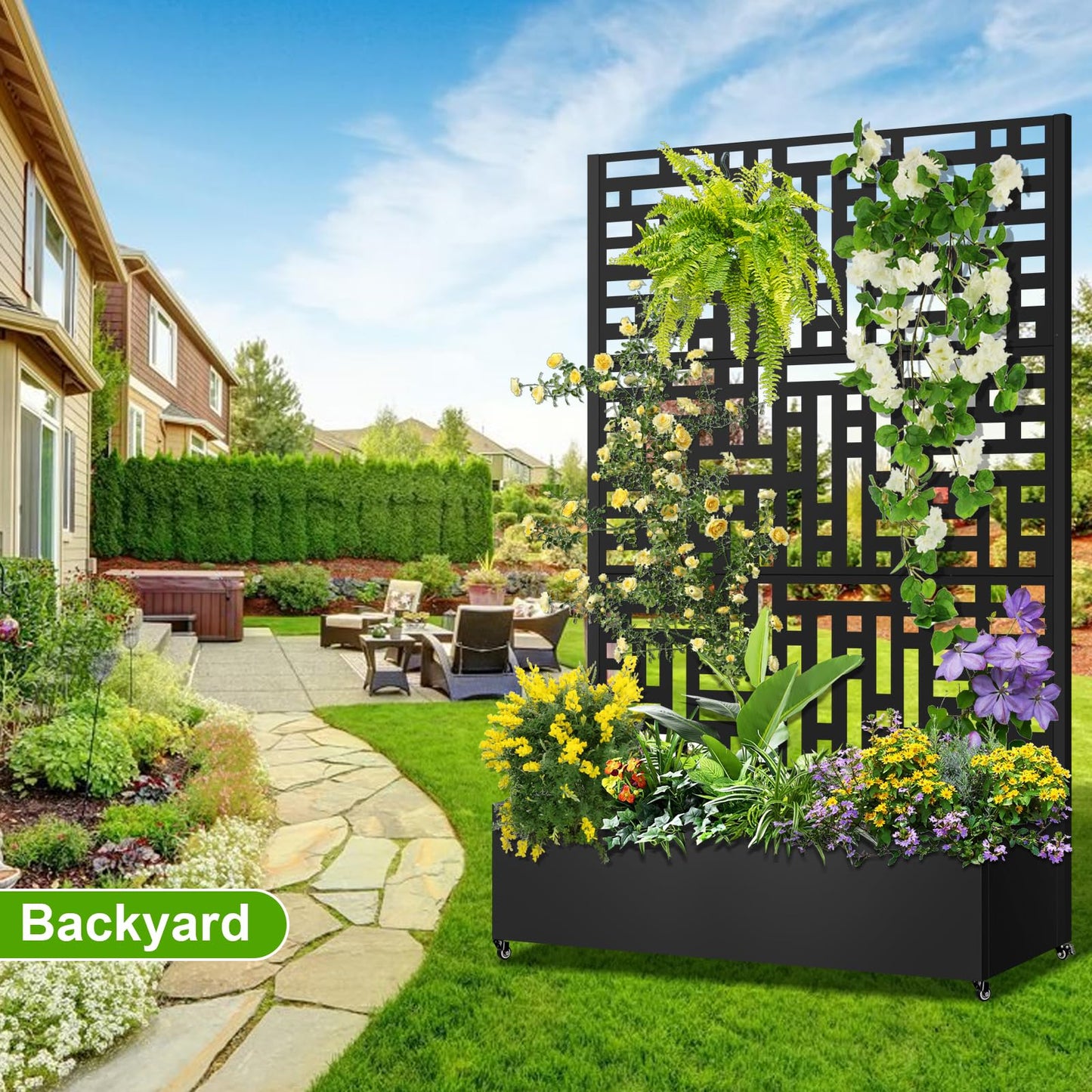 Meyoppm 72"x47"x16" Metal Planter Box with Trellis, Galvanized Steel Raised Garden Bed with Lockable Casters & Drainage Holes, Outdoor Large Planter Box for Climbing Plants, Vegetables & Flowers