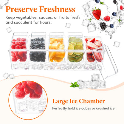 Lifewit Taco Bar Serving Set for Party with 5 x 20 oz Containers & Components, Ice Chilled Condiment Caddy Organizer, Garnish Serving Tray Platter for Mimosa Bar Accessories, Fruit, Salad, Food