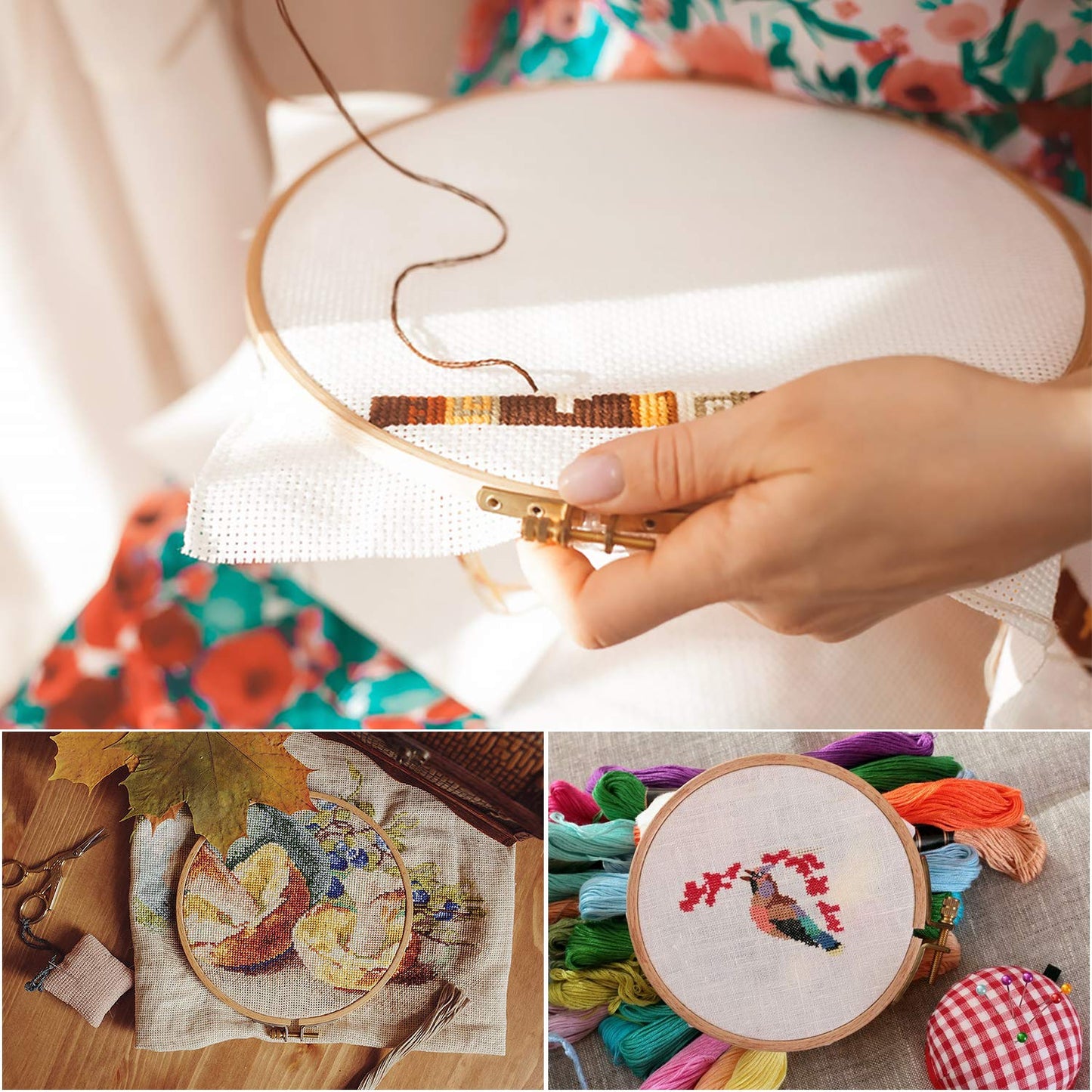 Sherbo 3 Pieces Beech Wood Embroidery Hoops Set By 4 Inch to 6 Inch Circle Hoop Ring Cross Stitch Cotton for DIY Embroidery Floss Starter of Sewing Art Kits Crafts