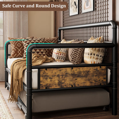 IDEALHOUSE Twin Daybed and Foldable Metal Trundle Bed, Metal Twin Bed Frame Heavy Duty Steel Slats Support,Sofa BedFrame for Living Room, Guest Room,Noise Free, Black