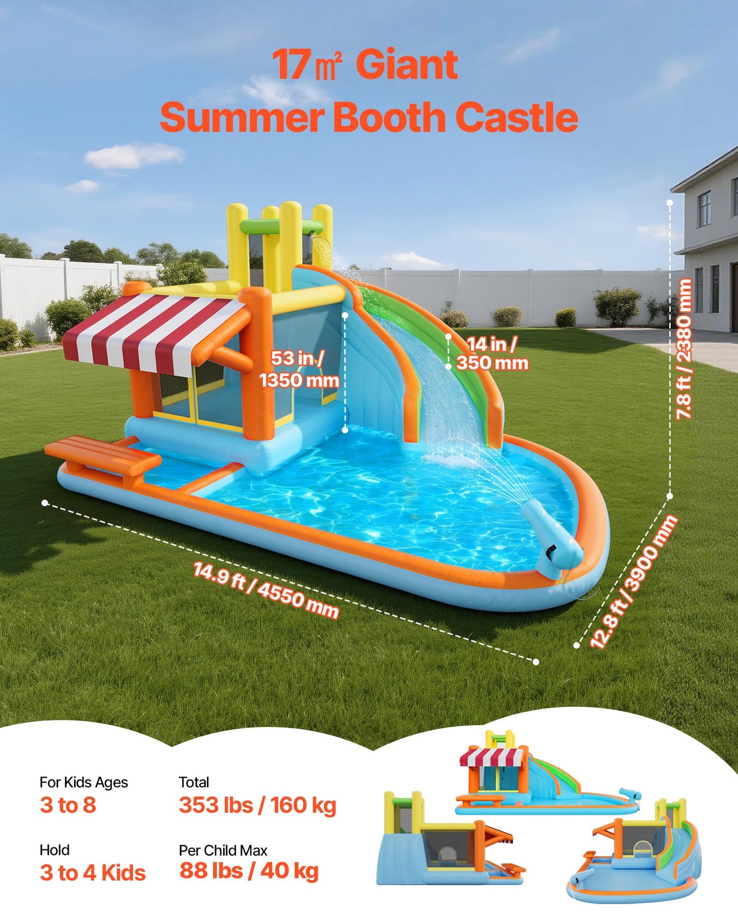 VEVOR Bounce House for Kids, Inflatable Bounce House with Air Blower, Water Slide, Bouncer Castle with Castle Bounces, Tall Slide, Splash Pool & Pretend Market Booth, for 3 to 4 Kids Ages 3 to 8