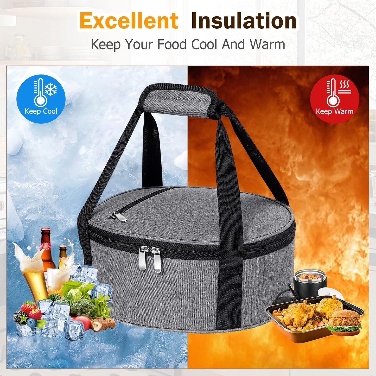 MIAOJIE Round Insulated Casserole Carrier, Pie Carrier Bag, Portable Casserole Carrier for Hot or Cold Food Lunch Tote, Lunch Bag for Parties Picnic, Fits 12.5" Baking Dish, Grey